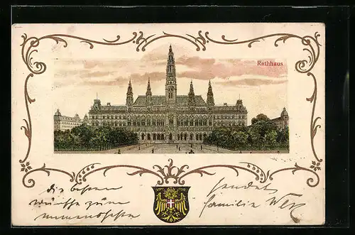 Präge-Lithographie Wien, Rathaus mit Vorplatz, Wappen