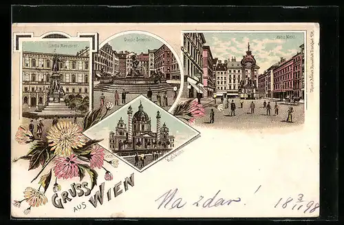 Lithographie Wien, Donner Brunnen, Hoher Markt, Karlskirche, Schiller-Monument