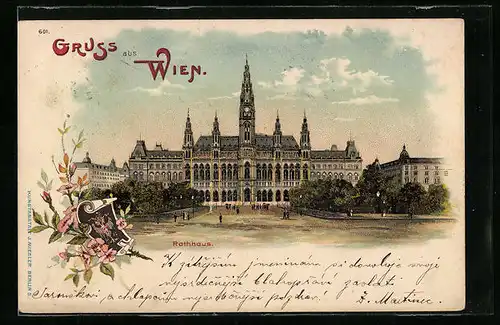 Lithographie Wien, Rathhaus mit Vorplatz, Wappen