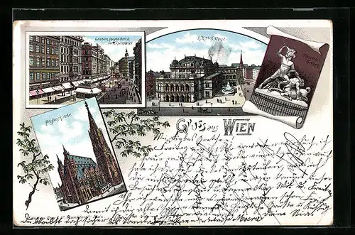 Lithographie Wien, Graben, Stefanskirche, Theseus-Gruppe, K.K. Hof-Oper