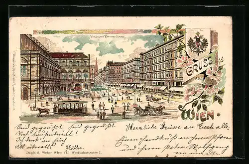 Lithographie Wien, Verlängerte Kärntner-Strasse, Pferdebahn, Wappen