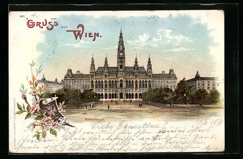 Lithographie Wien, Rathhaus mit Vorplatz, Wappen