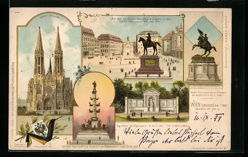 Lithographie Wien, Votiv-Kirche, Denkmal Erzherzog Karls d. Siegers, Denkmal Grillparzer