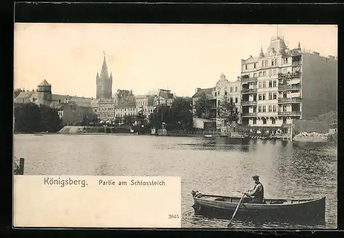 AK Königsberg, Partie am Schlossteich mit Blick auf Stadtpanorama