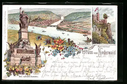 Lithographie Rüdesheim, Bingen von der Rossel, Rheinstein, Niederwald Nationaldenkmal