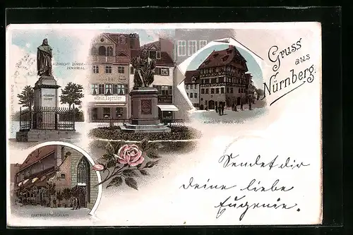 Lithographie Nürnberg, Albrecht Dürer-Denkmal, Bratwurstglöcklein, Albrecht Dürer-Haus