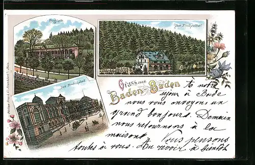 Lithographie Baden-Baden, Die Fischcultur, Trinkhalle, Das Friedrichsbad