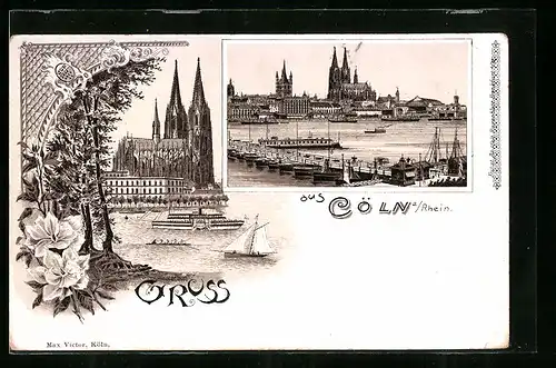 Lithographie Cöln, Dom, Rheinpartie mit Schiffsbrücke