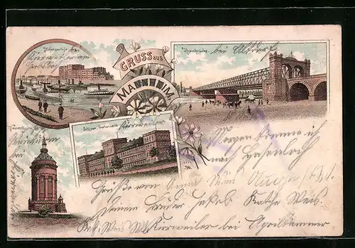 Lithographie Mannheim, Hafenpartie, Rheinbrücke, Schloss, Wasserthurm