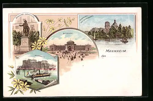 Lithographie Mannheim, Stadtpark mit Sternwarte, Bahnhof, Schiller-Denkmal, Hafenansicht