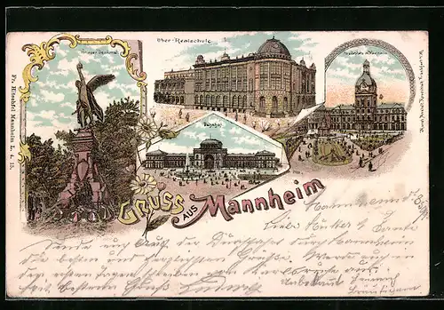 Lithographie Mannheim, Ober-Realschule, Krieger-Denkmal, Paradeplatz mit Kaufhaus