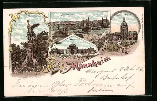 Lithographie Mannheim, Kriegerdenkmal, Neckarbrücke, Paradeplatz und Kaufhaus, Bahnhof