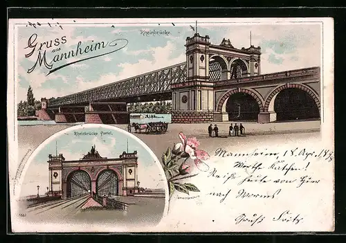 Lithographie Mannheim, Rheinbrücke, Rheinbrücke Portal