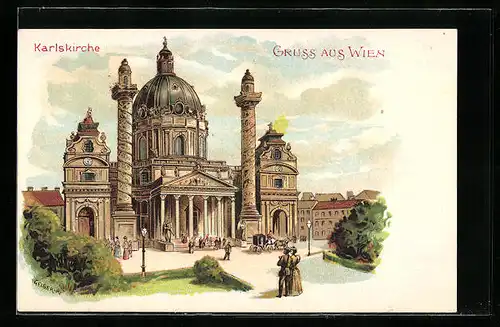 Lithographie Wien, Spaziergänger vor der Karlskirche