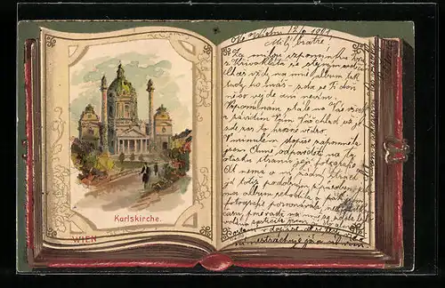 Lithographie Wien, Spaziergänger vor der Karlskirche