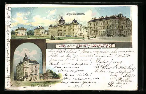 Künstler-AK Wien-Domaustadt, Infanteriekaserne und Hotel Theresienhof