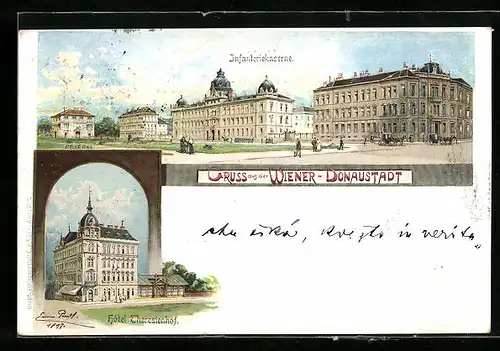 Künstler-AK Wien-Donaustadt, Infanteriekaserne und Hotel Theresienhof