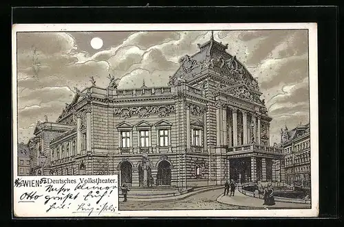Mondschein-Lithographie Wien, Blick auf das Deutsche Volkstheater