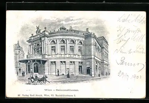 Lithographie Wien, Pferdekutsche vor dem Raimundtheater