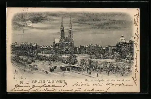 Mondschein-Lithographie Wien, Maximilianplatz mit der Votivkirche