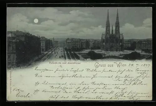Mondschein-AK Wien, Blick auf Votivkirche und Alserstrasse