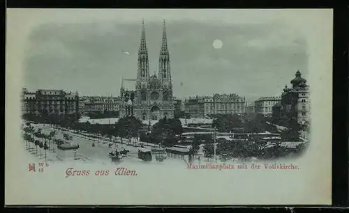 Mondschein-AK Wien, Maximilianplatz mit der Votivkirche