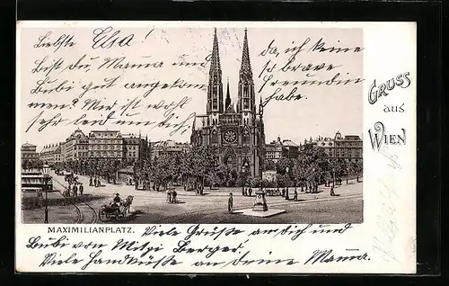 Lithographie Wien, Pferdekutsche auf dem Maximilianplatz