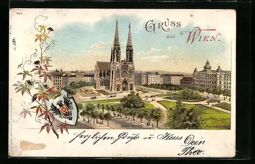 Lithographie Wien, Blick über den Platz auf die Votivkirche