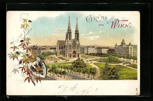 Lithographie Wien, Passanten und Kutschen vor der Votivkirche