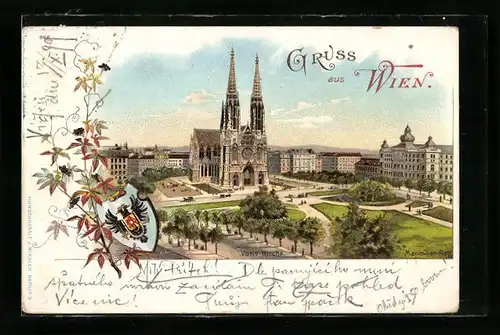 Lithographie Wien, Votivkirche aus der Vogelschau