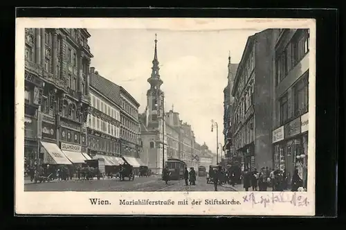 AK Wien, Mariahilferstrasse mit der Stiftskirche