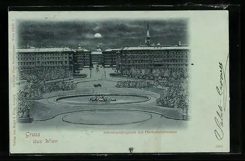 Mondschein-AK Wien, Schwarzenbergplatz mit Hochstrahlbrunnen
