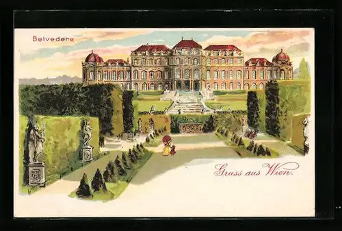 Lithographie Wien, Belvedere mit Grünanlage