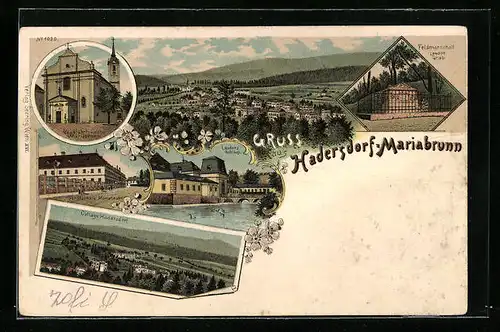 Lithographie Hadersdorf-Mariabrunn, Forstschule, Laudons Schloss, Wallfahrtskirche, Grab des Feldmarschalls Laudon