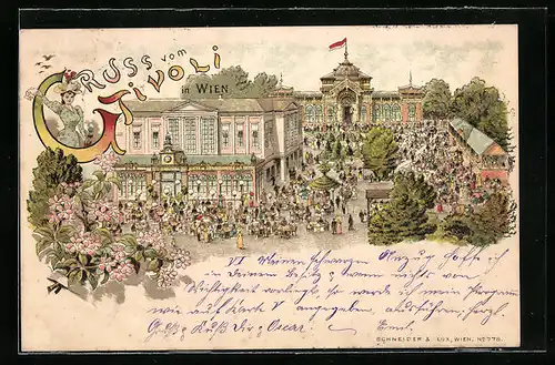 Lithographie Wien, Gasthaus Tivolo mit Menschenmassen