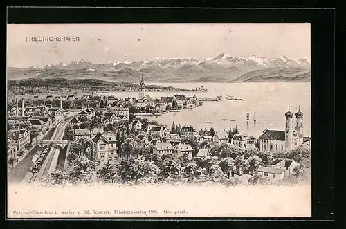 AK Friedrichshafen, Gesamtansicht mit Bergpanorama
