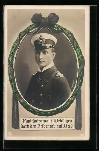 Künstler-AK Portrait des Kapitänleutnanten des U-Bootes U9, Otto v. Weddigen im Lorbeerkranz