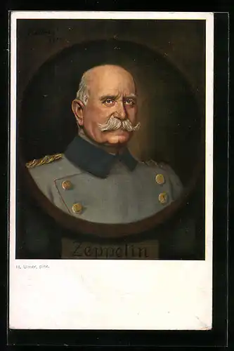 Künstler-AK Portrait des Grafen Ferdinand von Zeppelin in Militäruniform