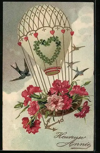 Präge-AK Verzierter Heissluftballon mit Schwalben