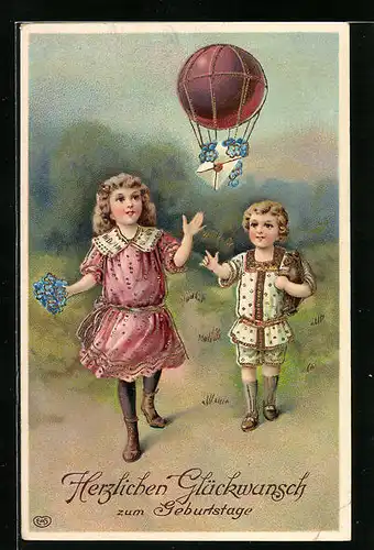 Präge-AK Blondes Geschwisterpaar mit einem Miniatur-Ballon