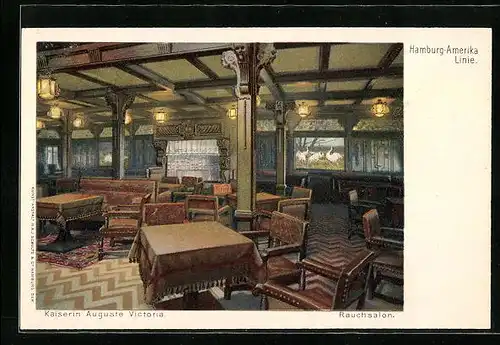 Künstler-AK Passagierschiff Kaiserin Auguste Victoria der H.-A.-Linie, Innenansicht des Rauchsalons