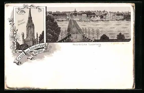 Lithographie Sonderburg-Düppel, Düppel-Denkmal und Totalansicht von der Pontonbrücke