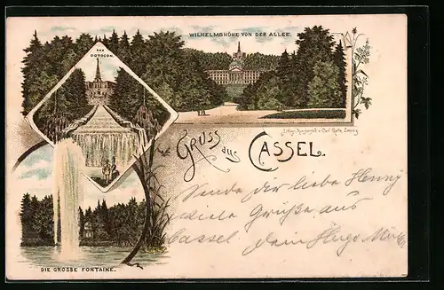 Lithographie Kassel, Wilhelmshöhe, grosse Fontaine
