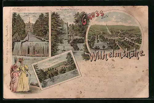 Lithographie Kassel, Wilhelmshöhe, Kaskaden, Schloss