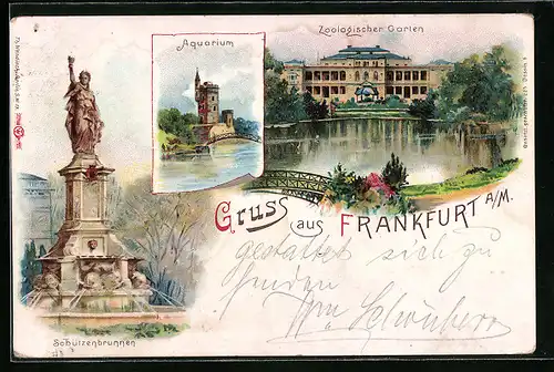 Lithographie Frankfurt-Ostend, Zoologischer Garten, Aquarium, Schützenbrunnen