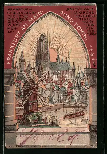 Lithographie Alt-Frankfurt, Anno Domini 1683, Pfarrturm St. Nicolaikirche, St. Leonhardskirche, Windmühle