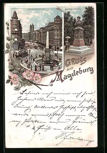 Vorläufer-Lithographie Magdeburg, Hasselbachplatz, Friesen-Denkmal, 1895