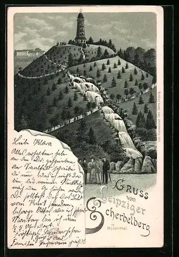 Lithographie Leipzig, Scherbelberg mit Aussichtturm