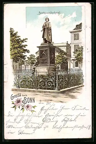 Lithographie Bonn, Partie vom Beethovendenkmal