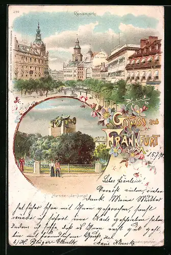 Lithographie Frankfurt am Main, Rossmarkt, Hessendenkmal